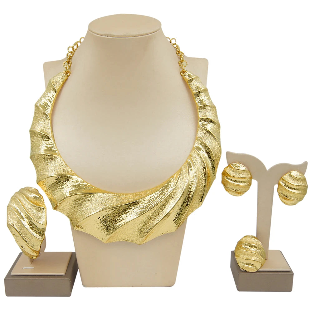 24K Dubai Gold Italian Layered Bridal Jewelry Set | Textured Statement Choker, Cuff, Ring & Earrings