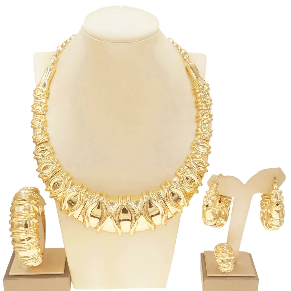 24K Dubai Gold Italian Layered Bridal Jewelry Set | Textured Statement Choker, Cuff, Ring & Earrings