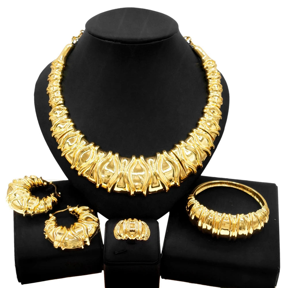24K Dubai Gold Italian Layered Bridal Jewelry Set | Textured Statement Choker, Cuff, Ring & Earrings