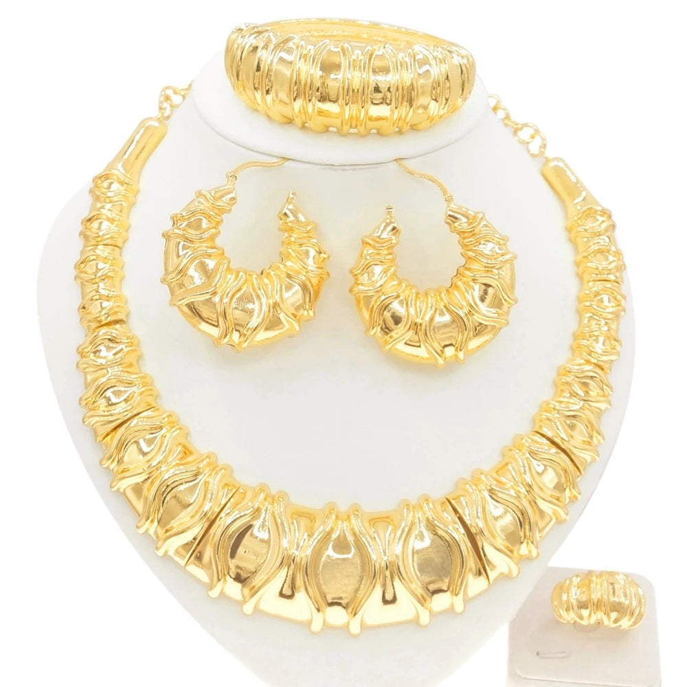 24K Dubai Gold Italian Layered Bridal Jewelry Set | Textured Statement Choker, Cuff, Ring & Earrings