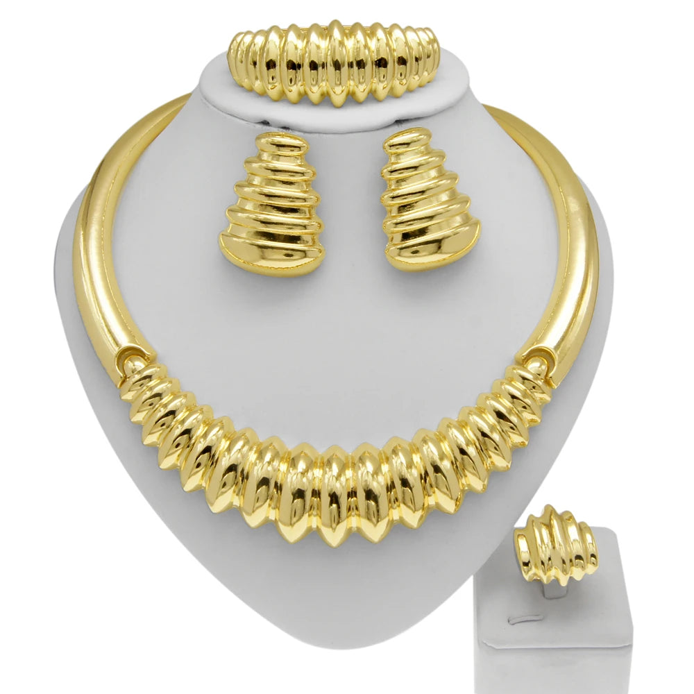 18K Dubai Gold Nigerian Bridal Jewelry Set | Statement Choker, Earrings, Ring & Bracelet