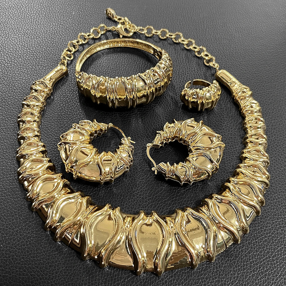 24K Dubai Gold Italian Layered Bridal Jewelry Set | Textured Statement Choker, Cuff, Ring & Earrings