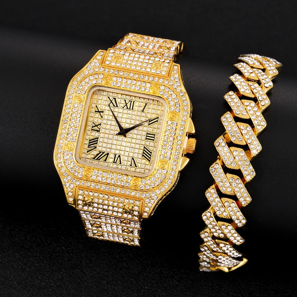 The Sovereign Drip: Fully Iced Watch, Cuban Chain & Bracelet Set