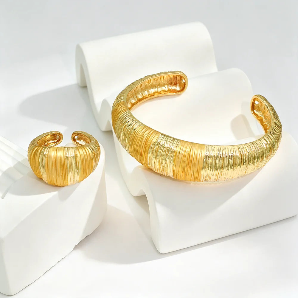 24K Dubai Gold Vintage Brushed Textured Jewelry Set | Statement Necklace, Cuff Bangle & Earrings