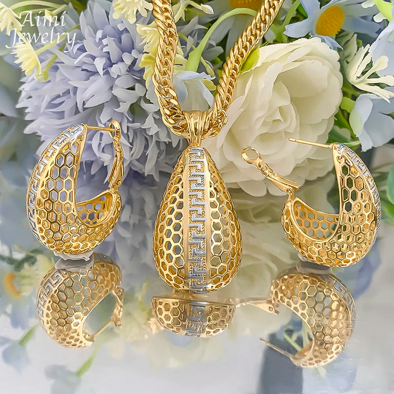 Simple Daily Wear Gold Plated Jewelry Set Luxury Exquisite Earrings Necklace Pendant with Chain Party Dubai Bridal Wedding Gifts