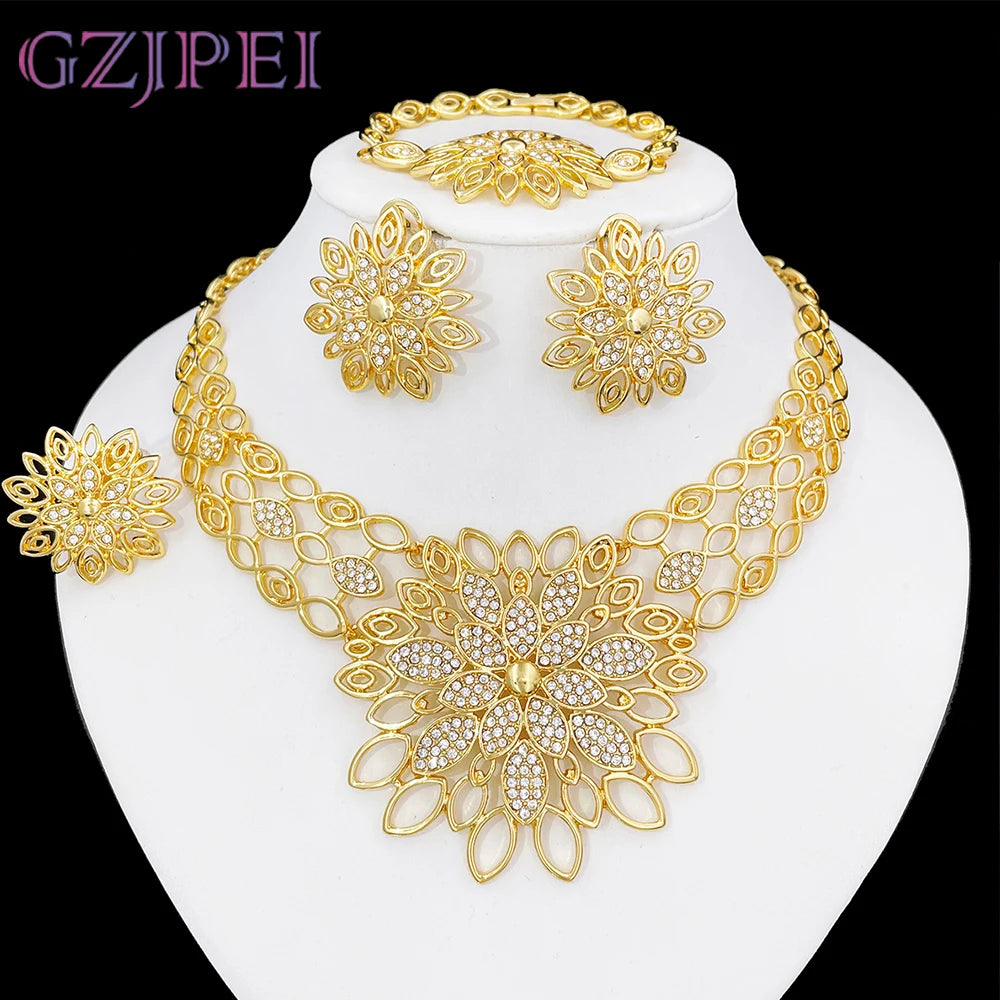 Luxury Jewelry Set For Women High Quality 18K Gold Plated Dubai Jewelry Necklace Earring Ring Bracelet Trending
