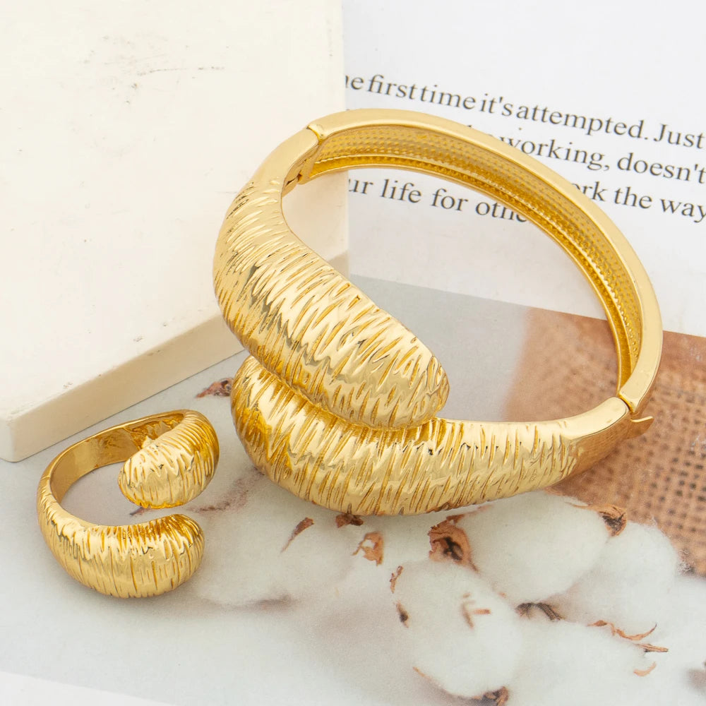 24K Gold Plated Ethiopian Bridal Bangle & Ring Set | Luxury African Statement Bracelet