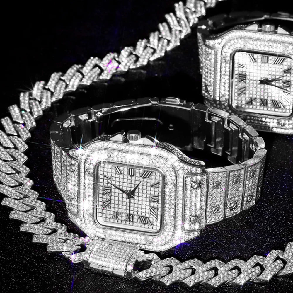 The Imperial Vanguard: Fully Iced Square Watch & Cuban Link Set
