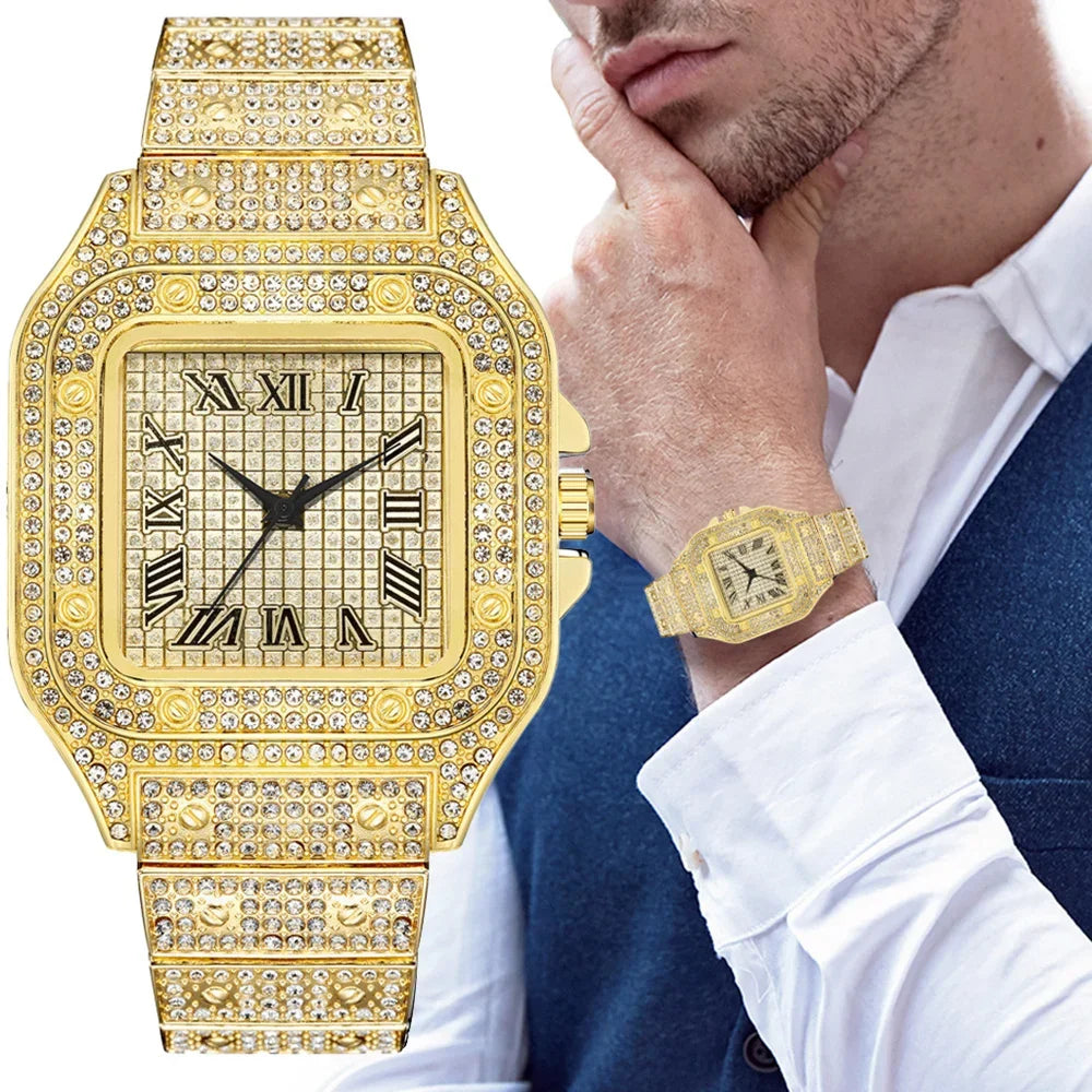 Luxury Square Men's Business Watches Steel Strap Roman Dial Rhinestone Quartz Watch Lesiure Male Wristwatch Relogio Masculino