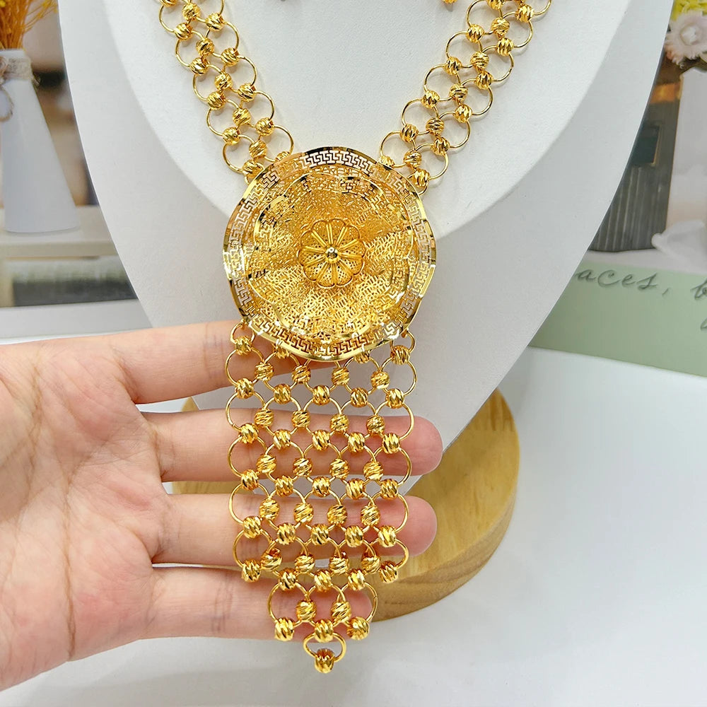 Trendy Dubai Arab Necklace with Earrings Jewelry Set African Fashion Luxury Gold Color Jewelry Set Daily Party Gift Accessories