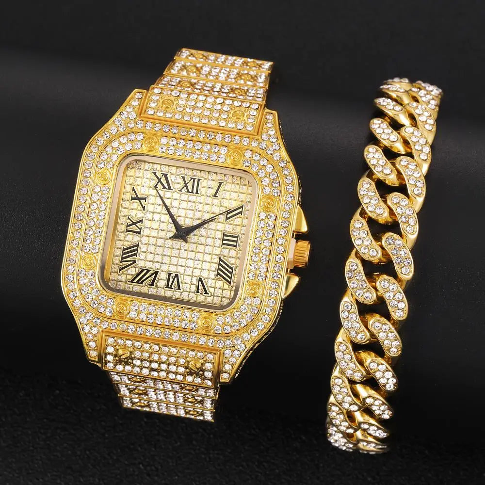 The Sovereign Drip: Fully Iced Watch, Cuban Chain & Bracelet Set