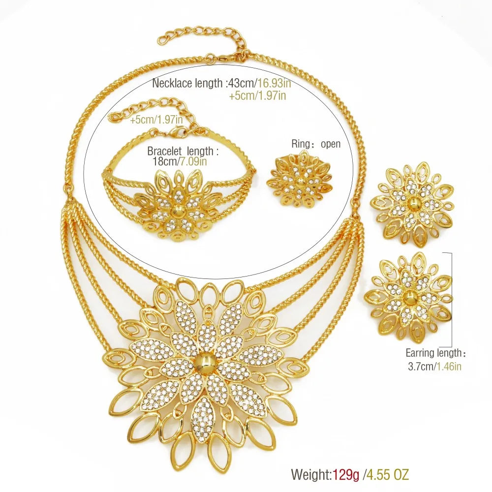 YTJX Luxury Africal Wedding Jewelry Set 18K Gold Plated Big Flower Necklace Bracelet Earring Ring For Women 2025 Trendy New