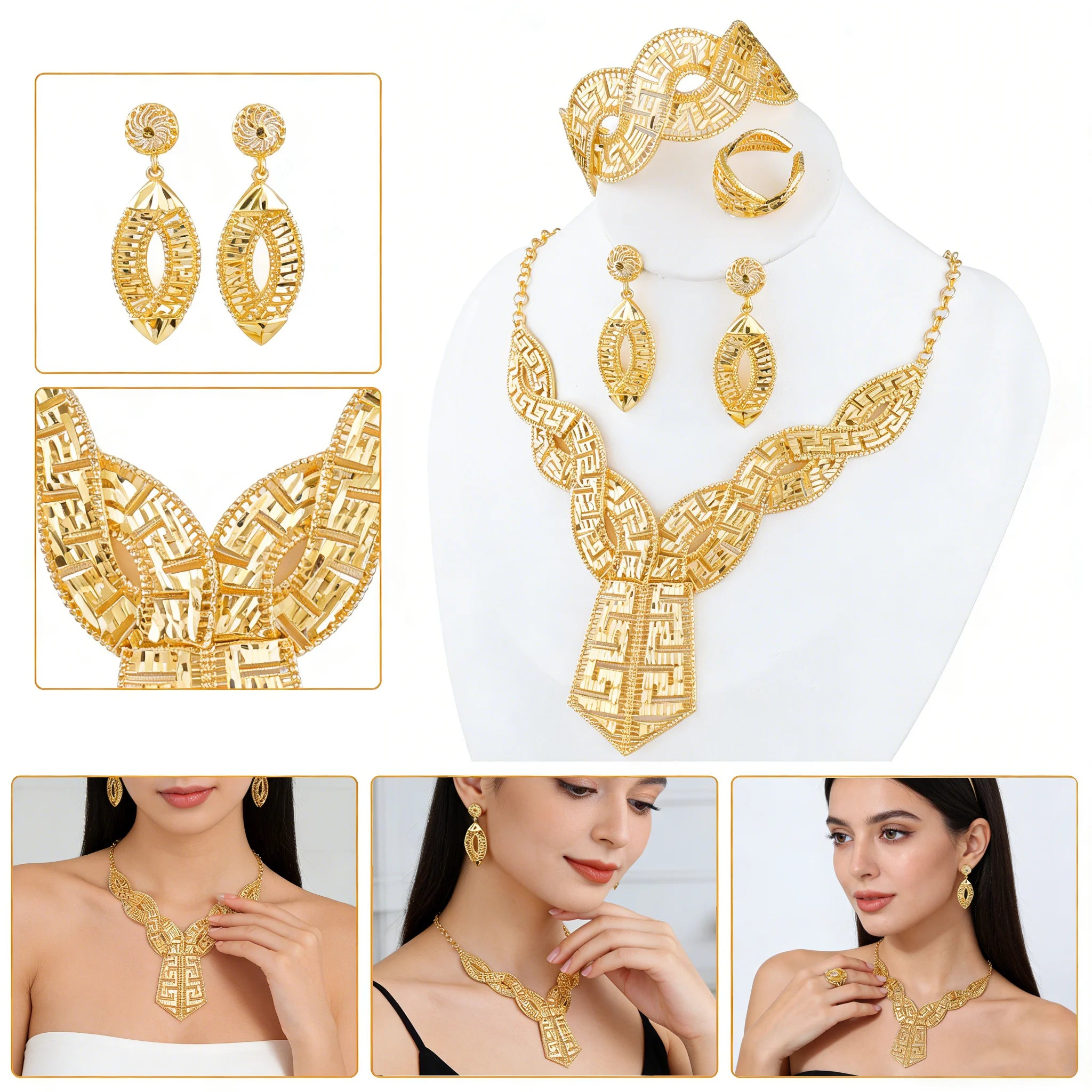 GOLD COLOR JEWELRY 24K Gold Plated Jewelry Set Weddings Earrings Necklace Ring Accessory Luxury Party Gifts