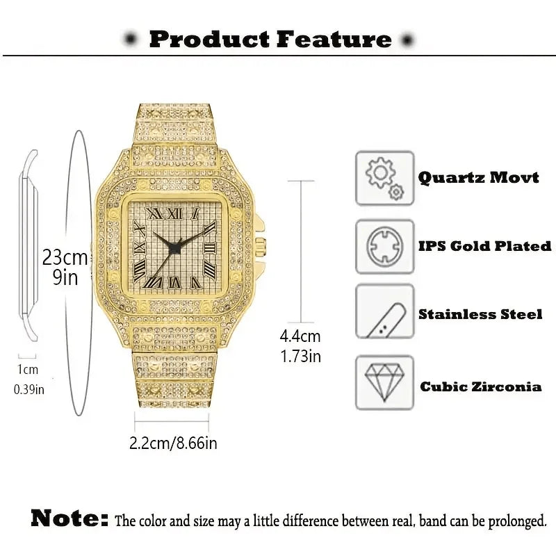 Luxury Square Men's Business Watches Steel Strap Roman Dial Rhinestone Quartz Watch Lesiure Male Wristwatch Relogio Masculino
