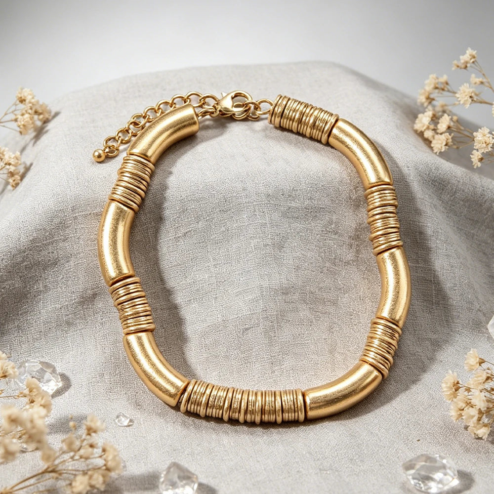 Architectural Ribbed Chunky Choker Set | Matte Gold Curved Tube Collar Necklace & Stacked Bangle