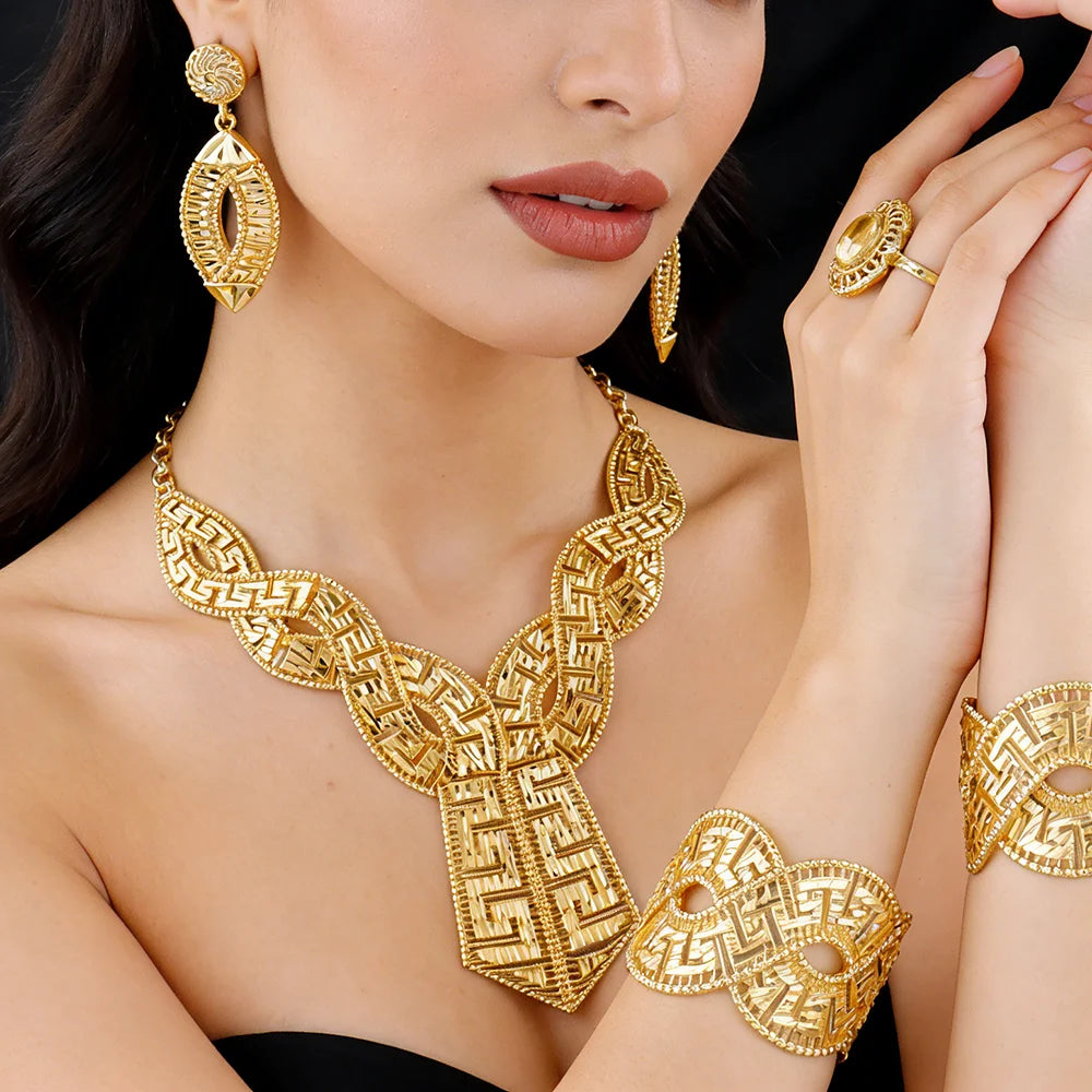 GOLD COLOR JEWELRY 24K Gold Plated Jewelry Set Weddings Earrings Necklace Ring Accessory Luxury Party Gifts