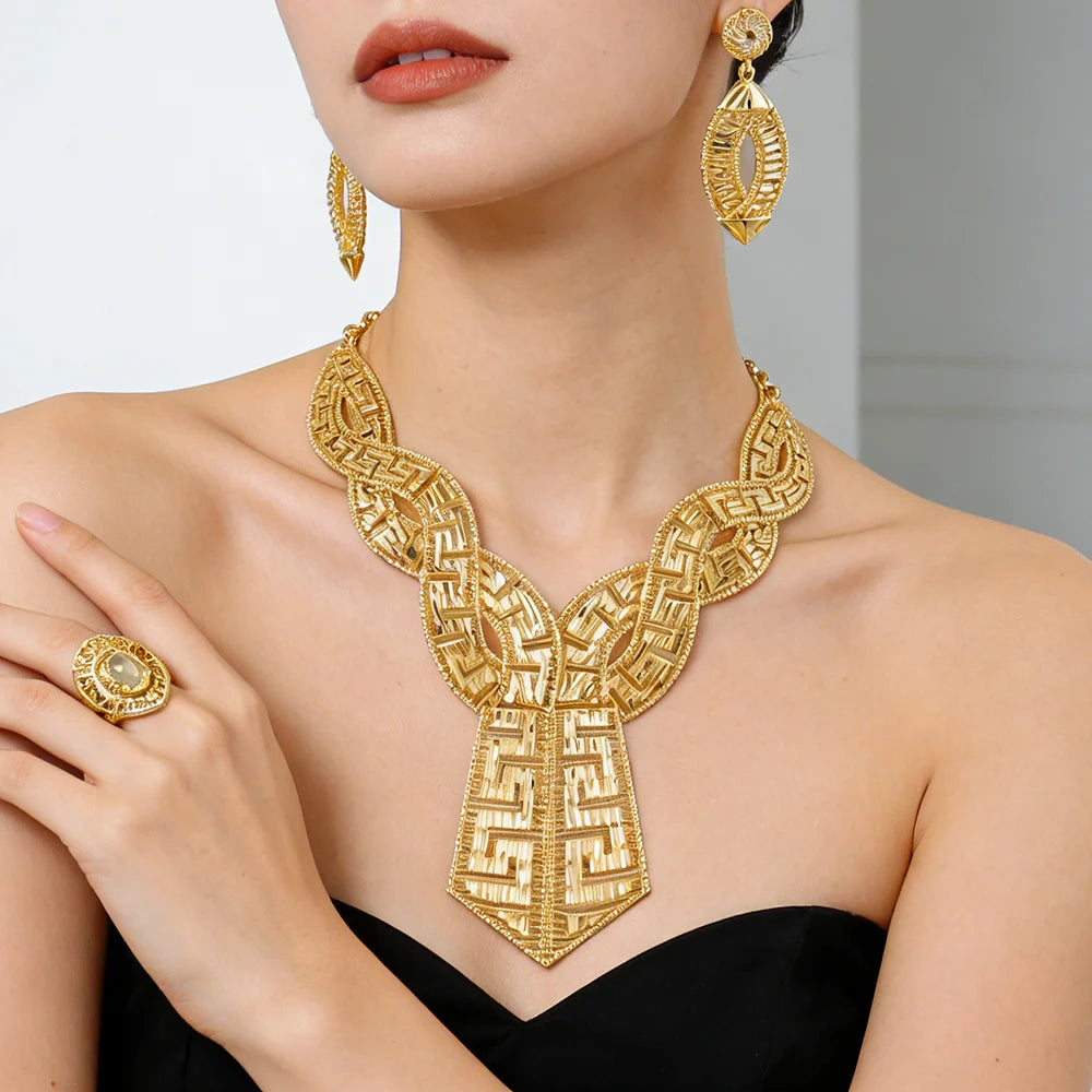 GOLD COLOR JEWELRY 24K Gold Plated Jewelry Set Weddings Earrings Necklace Ring Accessory Luxury Party Gifts