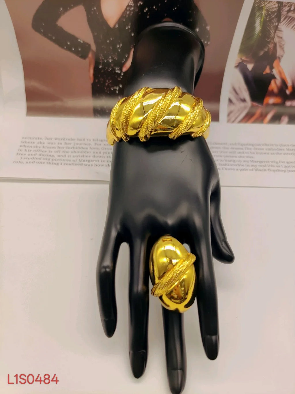 24K Gold Plated Ethiopian Bridal Bangle & Ring Set | Luxury African Statement Bracelet