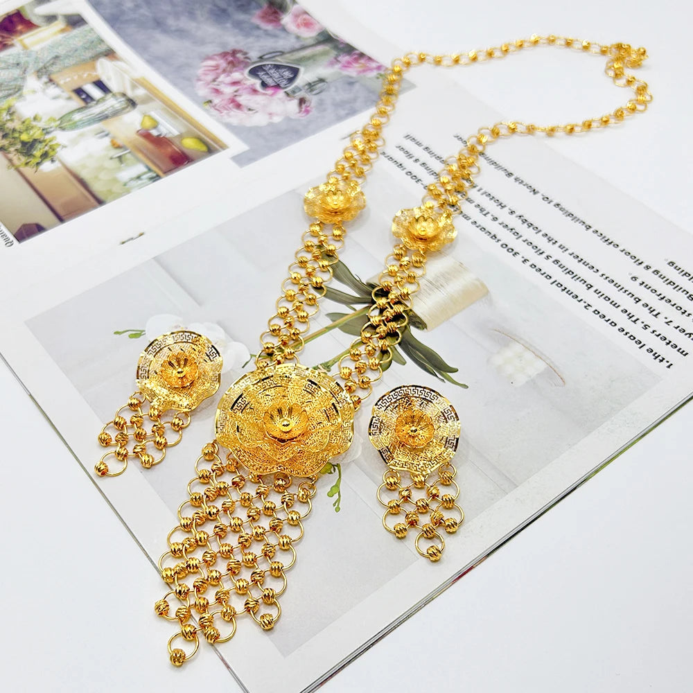 Trendy Dubai Arab Necklace with Earrings Jewelry Set African Fashion Luxury Gold Color Jewelry Set Daily Party Gift Accessories