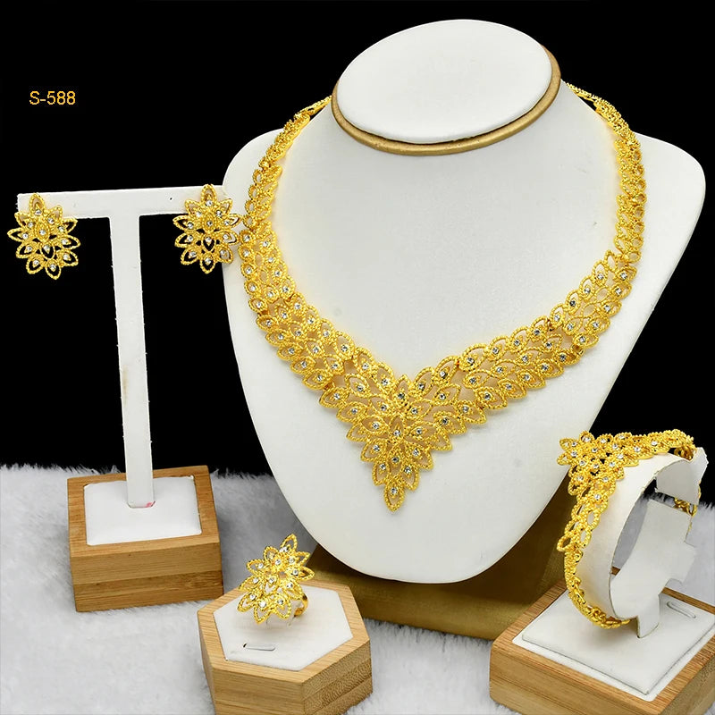Italian Bridal Gold Plated Jewelry Set For Women African Indian 24K Gold Color Pendant Necklace Earring Set Dubai Party Gifts