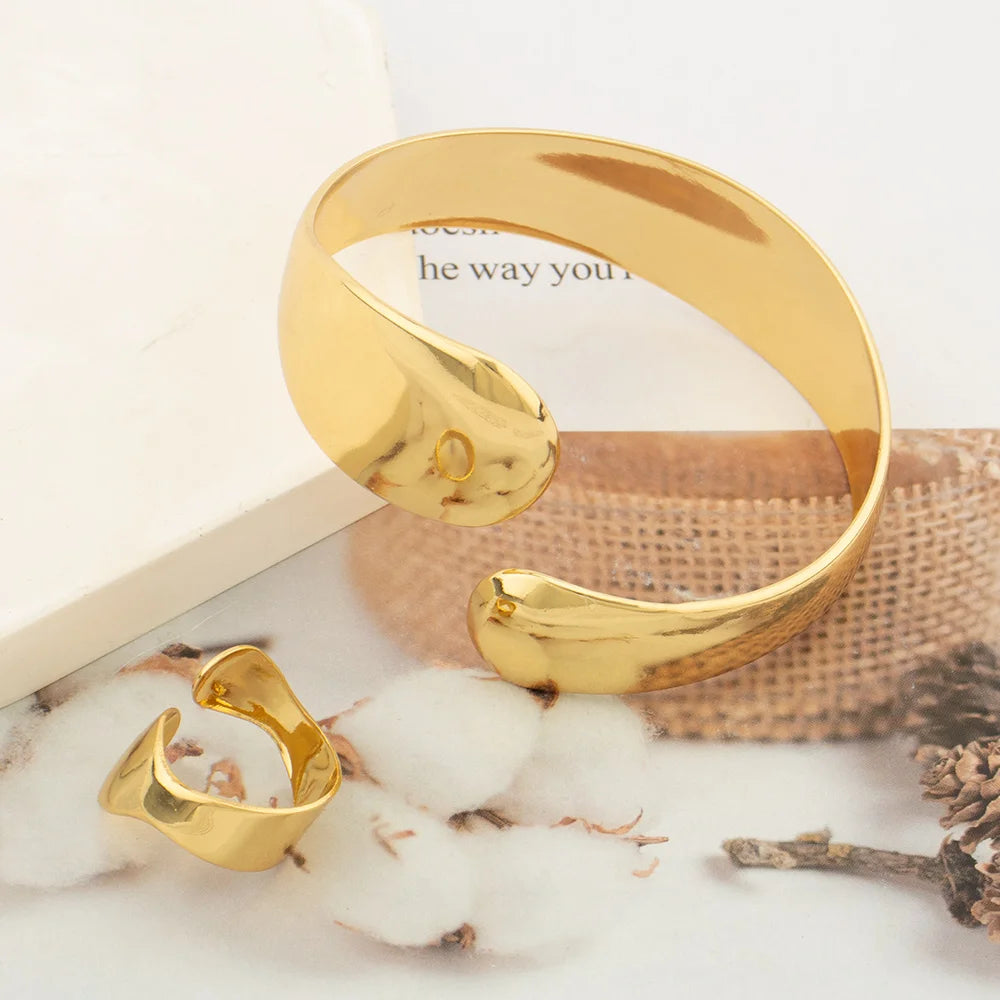 24K Gold Plated Ethiopian Bridal Bangle & Ring Set | Luxury African Statement Bracelet