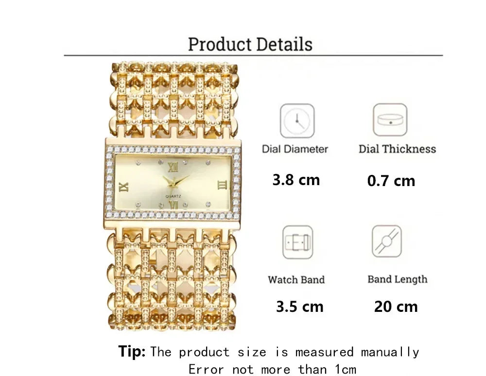 Women's Fashion Luxury Square Diamond Quartz Watch with Light, Ladies' Gold Stainless Steel Bracelet