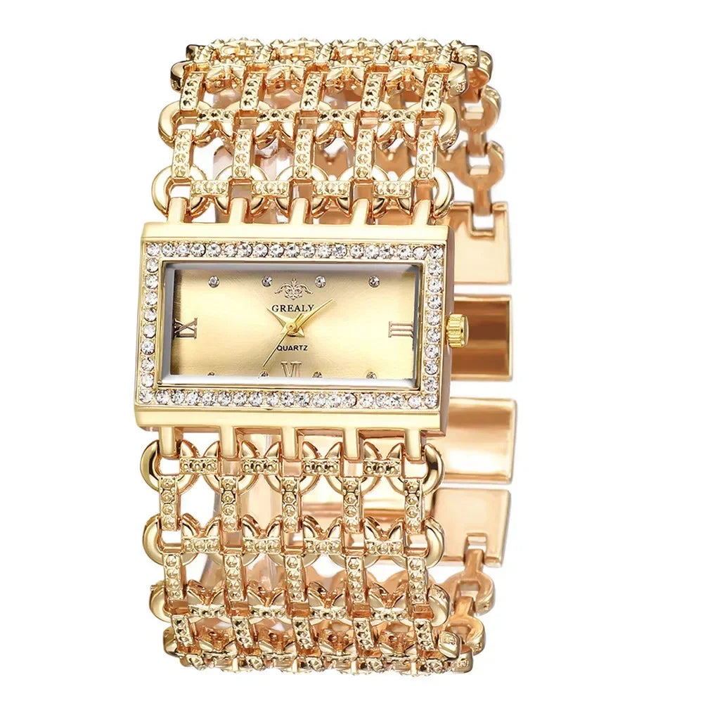Women's Fashion Luxury Square Diamond Quartz Watch with Light, Ladies' Gold Stainless Steel Bracelet