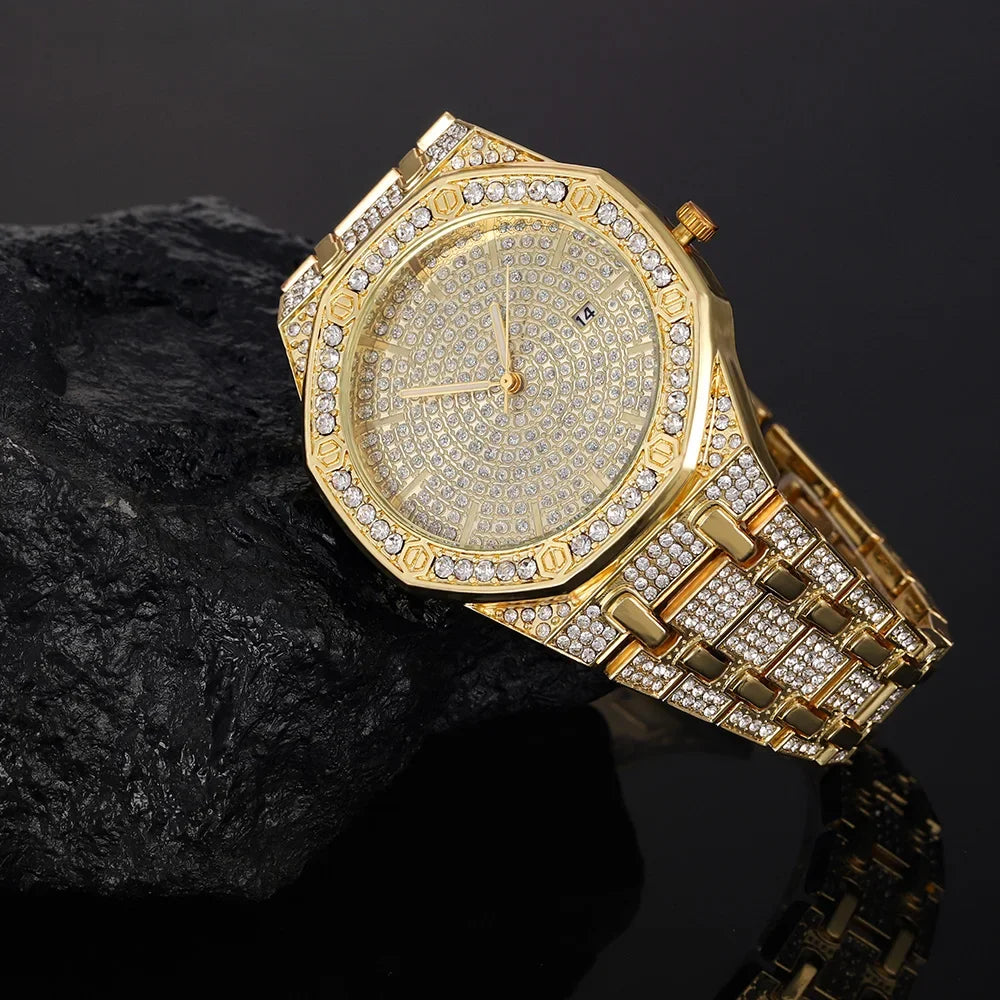 Men's Iced Watch Men's Gold Watch Hip Hop Fashion Cool Bling Gold Diamond Luxury Men's Watch Direct Delivery Relogio