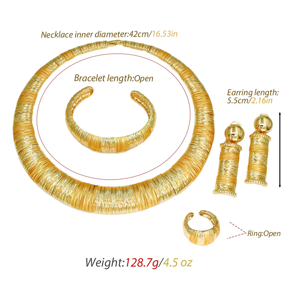 24K Dubai Gold Vintage Brushed Textured Jewelry Set | Statement Necklace, Cuff Bangle & Earrings