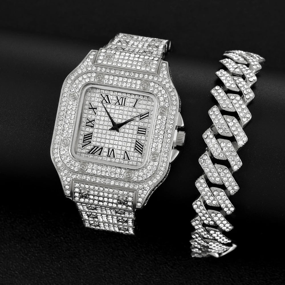 The Sovereign Drip: Fully Iced Watch, Cuban Chain & Bracelet Set
