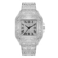 Luxury Classic Business Men's Square Roman Scale Quartz Watch, with Steel Strap Rhinestone Detail Leisure Wristwatch for Male