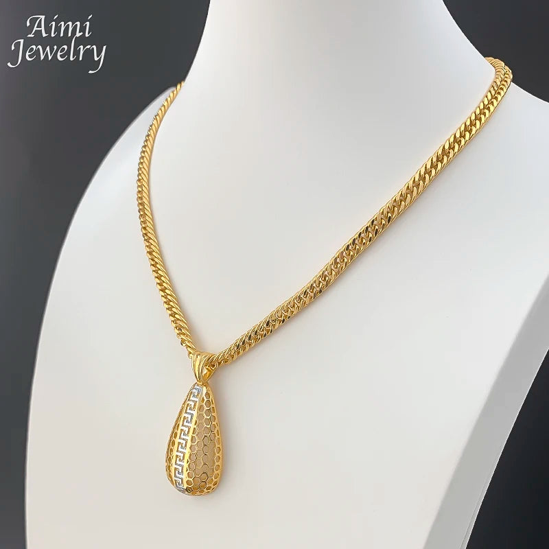 Simple Daily Wear Gold Plated Jewelry Set Luxury Exquisite Earrings Necklace Pendant with Chain Party Dubai Bridal Wedding Gifts