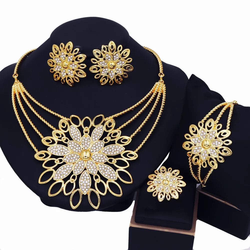 YTJX Luxury Africal Wedding Jewelry Set 18K Gold Plated Big Flower Necklace Bracelet Earring Ring For Women 2025 Trendy New