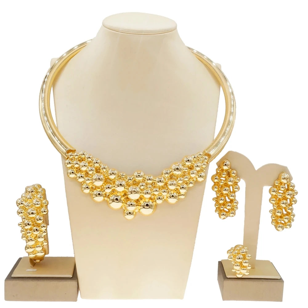 18K Dubai Gold Nigerian Bridal Jewelry Set | Statement Choker, Earrings, Ring & Bracelet