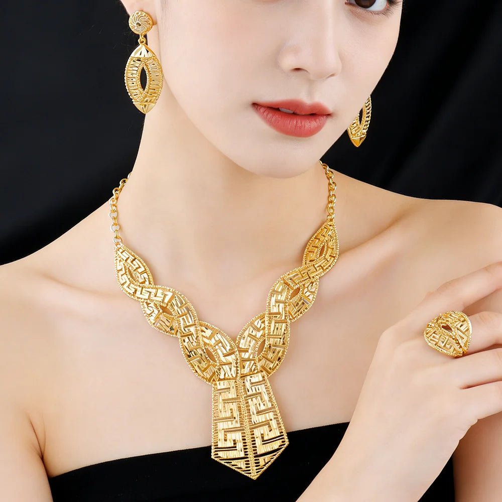 GOLD COLOR JEWELRY 24K Gold Plated Jewelry Set Weddings Earrings Necklace Ring Accessory Luxury Party Gifts