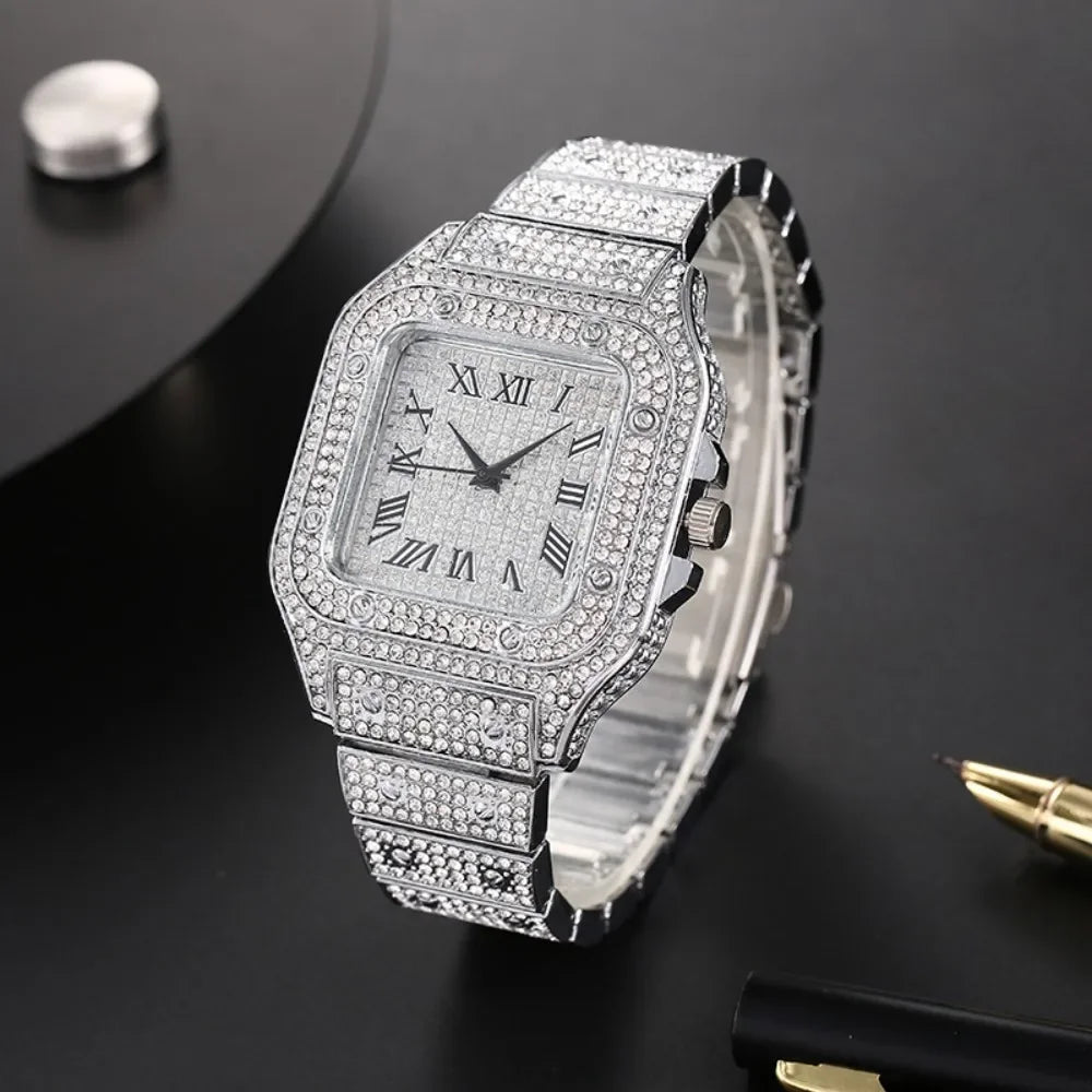 Luxury Square Men's Business Watches Steel Strap Roman Dial Rhinestone Quartz Watch Lesiure Male Wristwatch Relogio Masculino