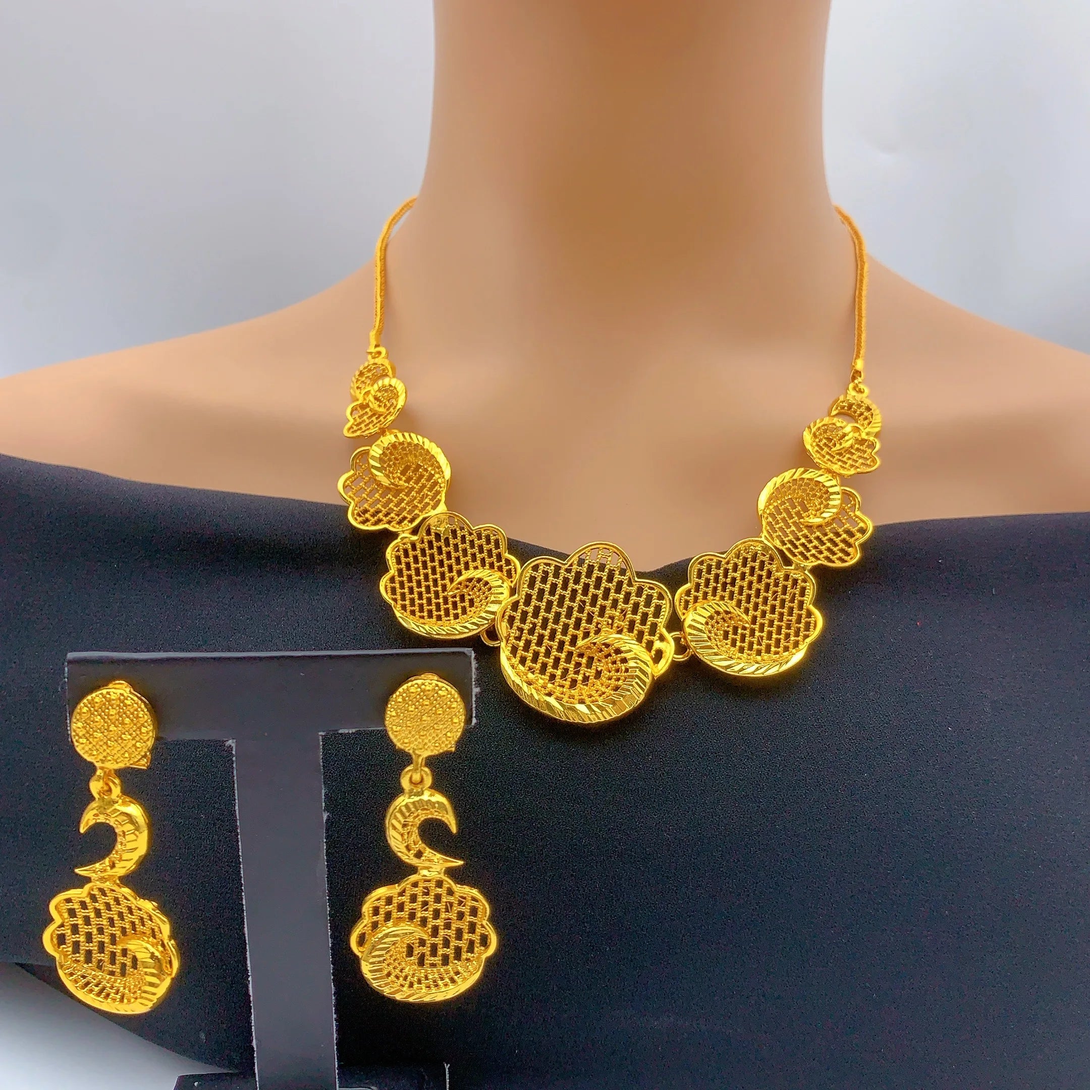 Luxury Indian Bridal 24k Gold Plated Necklace And Earrings Jewelry Sets For Women Ethiopian Dubai Set Wedding Party Gifts