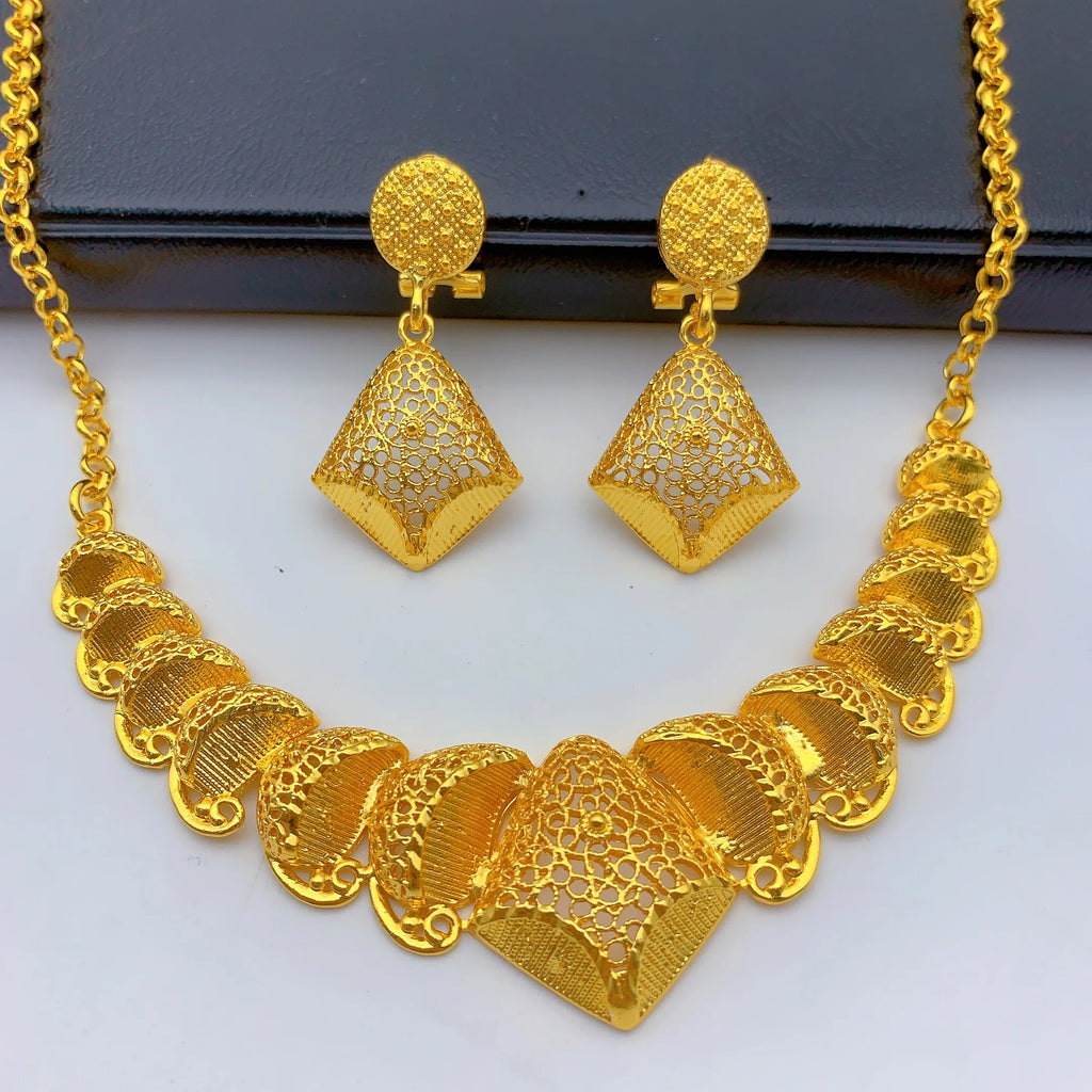 Luxury Indian Bridal 24k Gold Plated Necklace And Earrings Jewelry Sets For Women Ethiopian Dubai Set Wedding Party Gifts