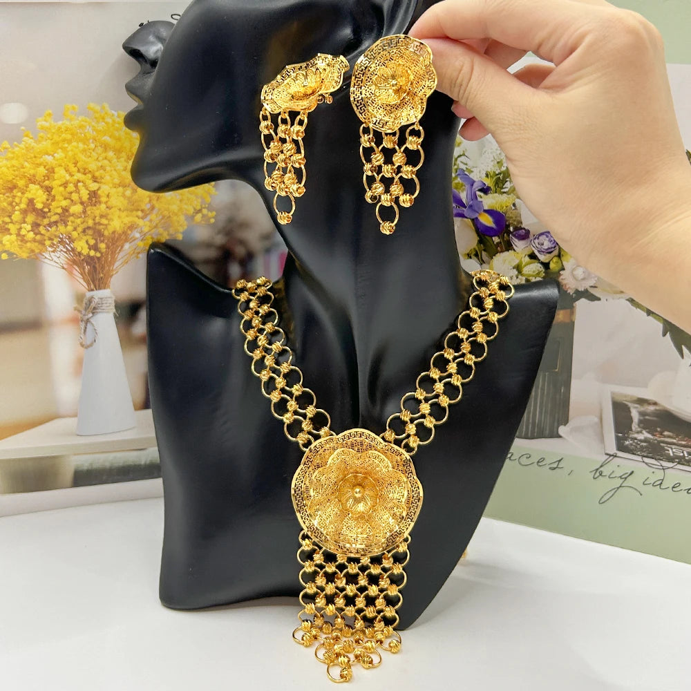 Trendy Dubai Arab Necklace with Earrings Jewelry Set African Fashion Luxury Gold Color Jewelry Set Daily Party Gift Accessories