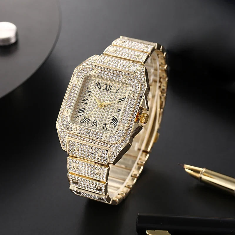 Luxury Square Men's Business Watches Steel Strap Roman Dial Rhinestone Quartz Watch Lesiure Male Wristwatch Relogio Masculino