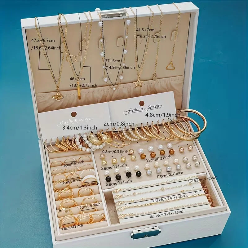 The Imperial Boho: 86-Piece Stackable Pearl & Alloy Jewelry Trunk Set