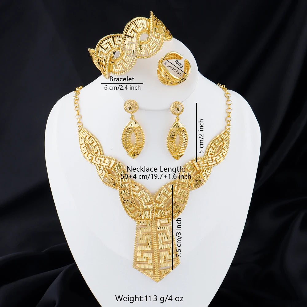 GOLD COLOR JEWELRY 24K Gold Plated Jewelry Set Weddings Earrings Necklace Ring Accessory Luxury Party Gifts
