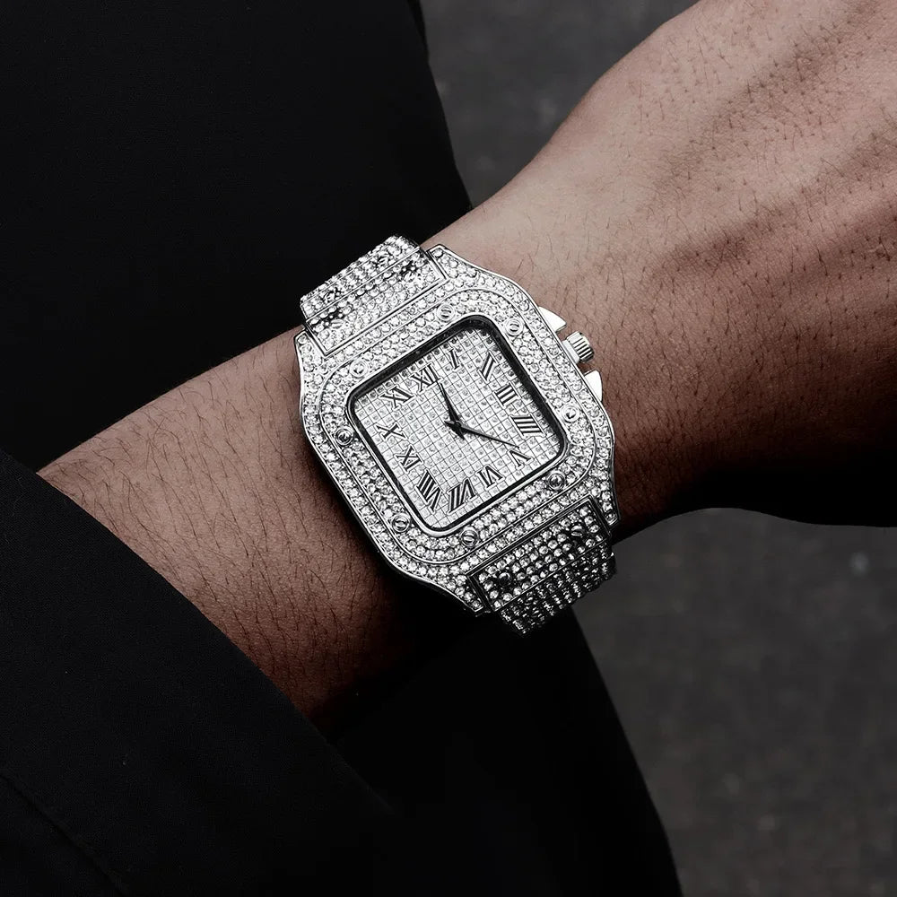 Luxury Square Men's Business Watches Steel Strap Roman Dial Rhinestone Quartz Watch Lesiure Male Wristwatch Relogio Masculino
