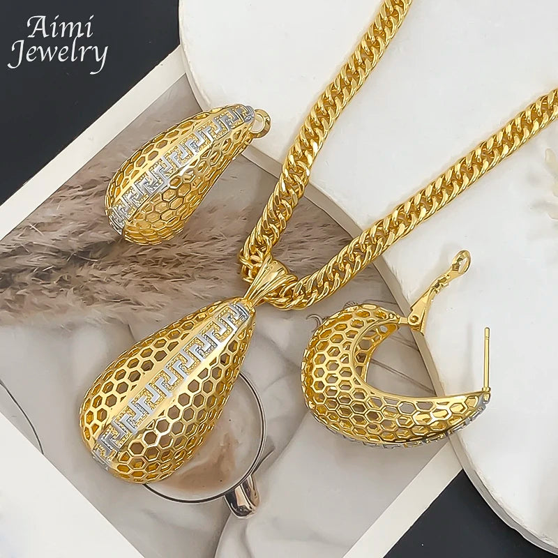 Simple Daily Wear Gold Plated Jewelry Set Luxury Exquisite Earrings Necklace Pendant with Chain Party Dubai Bridal Wedding Gifts
