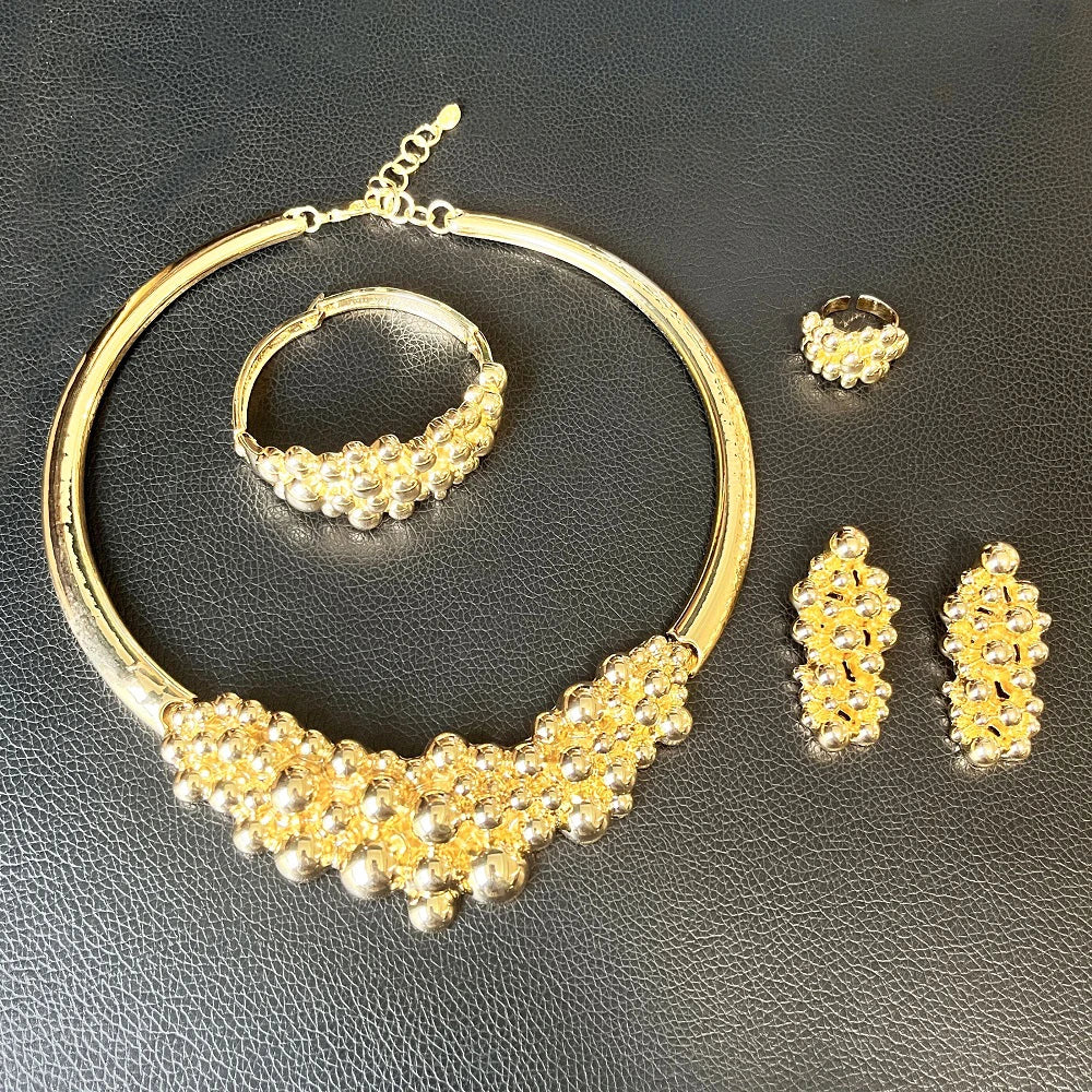 18K Dubai Gold Nigerian Bridal Jewelry Set | Statement Choker, Earrings, Ring & Bracelet