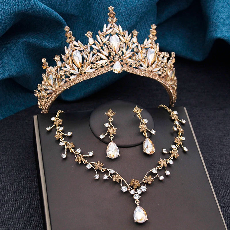 Baroque Royalty - Champagne Crystal Wedding Tiara & Bridal Set