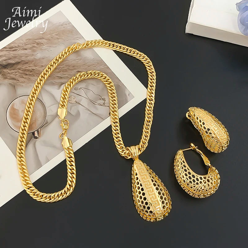 Simple Daily Wear Gold Plated Jewelry Set Luxury Exquisite Earrings Necklace Pendant with Chain Party Dubai Bridal Wedding Gifts