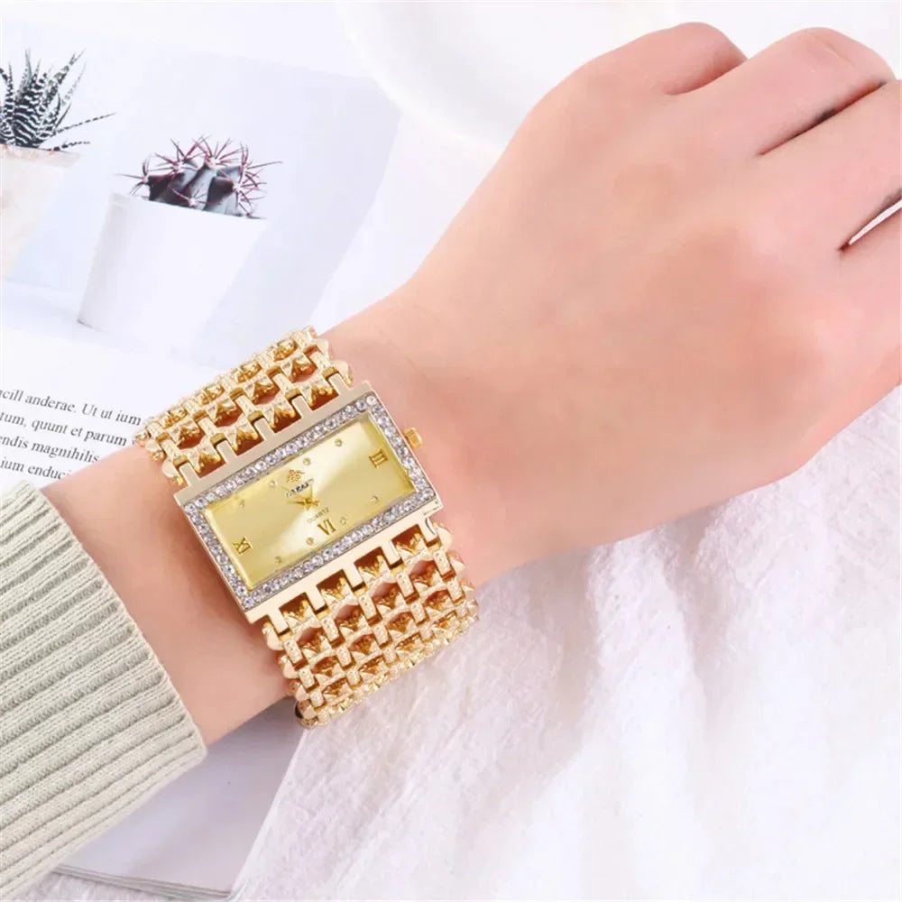 The Imperial Matrix: Wide Hollow Mesh Crystal Bracelet Watch