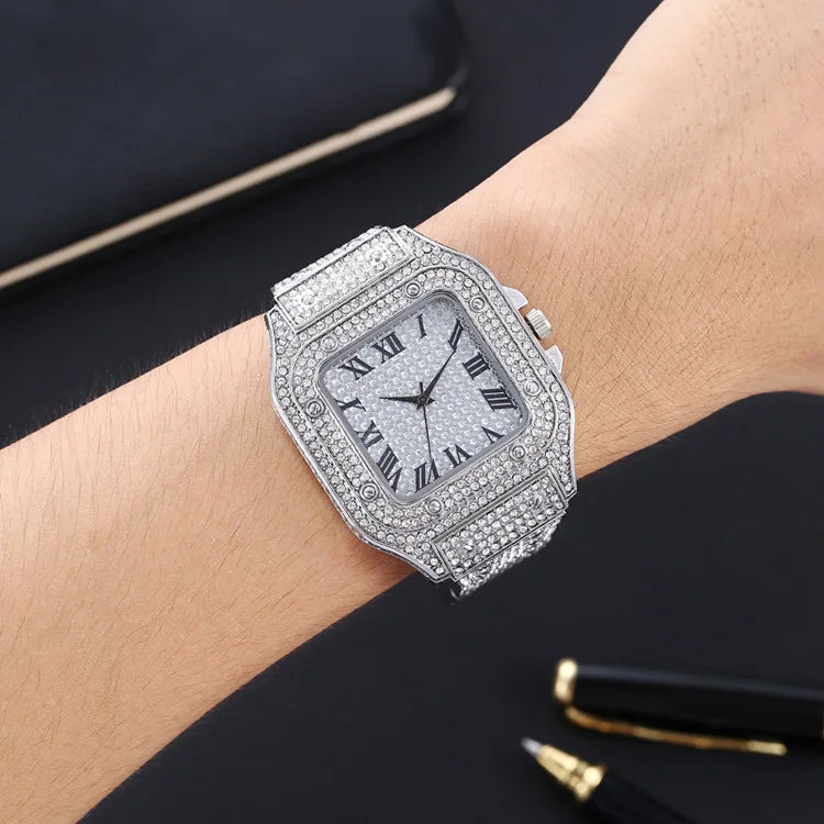 Luxury Moissanite Iced Out Watches, Hip Hop Bust Down Unisex Diamond Watch, Stainless Steel Moissanite Studded Wrist Watch