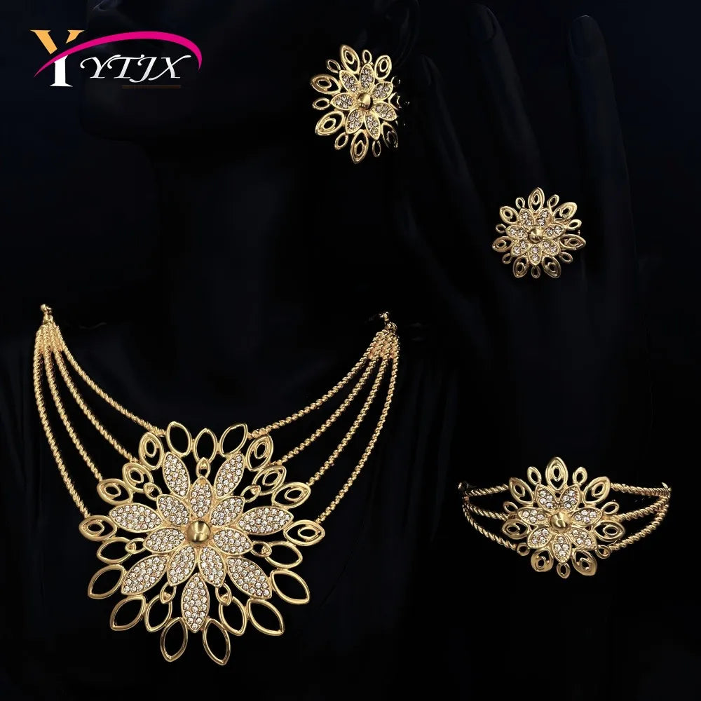 YTJX Luxury Africal Wedding Jewelry Set 18K Gold Plated Big Flower Necklace Bracelet Earring Ring For Women 2025 Trendy New